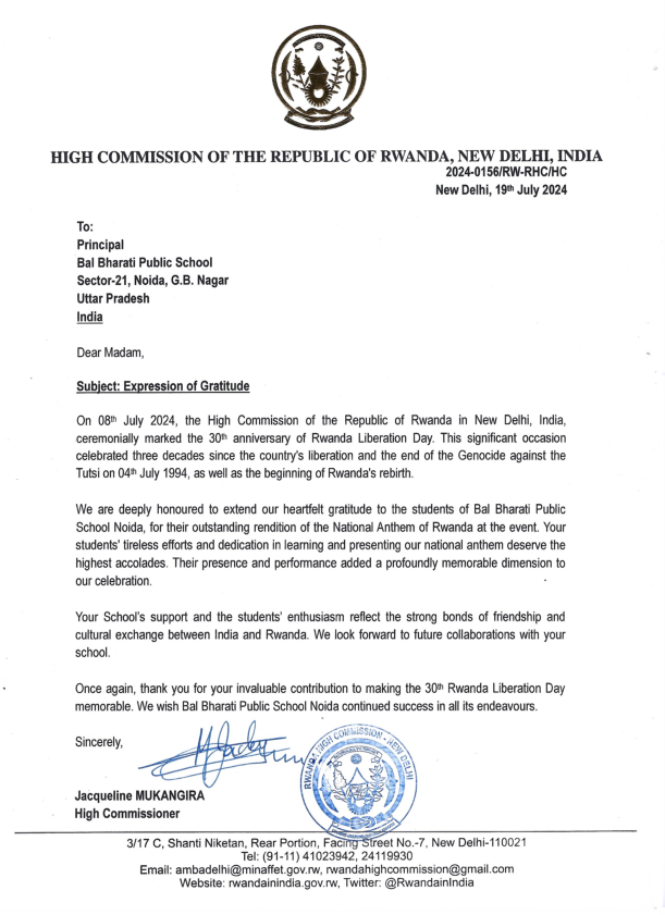 Expression of Gratitude High Commission of the Republic of Rwanda