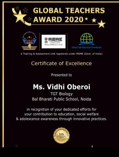 Global Teachers Certificate Vidhi Oberoi